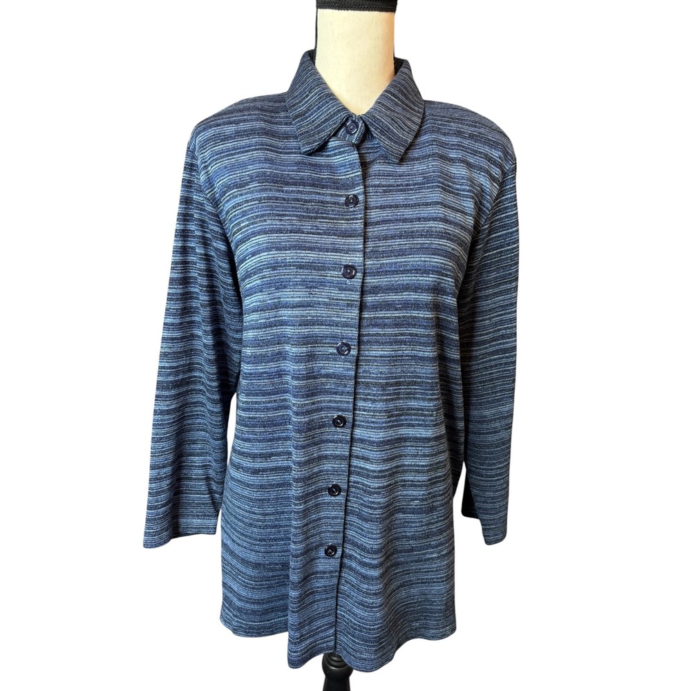 Susan Graver Style Blue Space Dye Knit Button Down Tunic Top M A63459